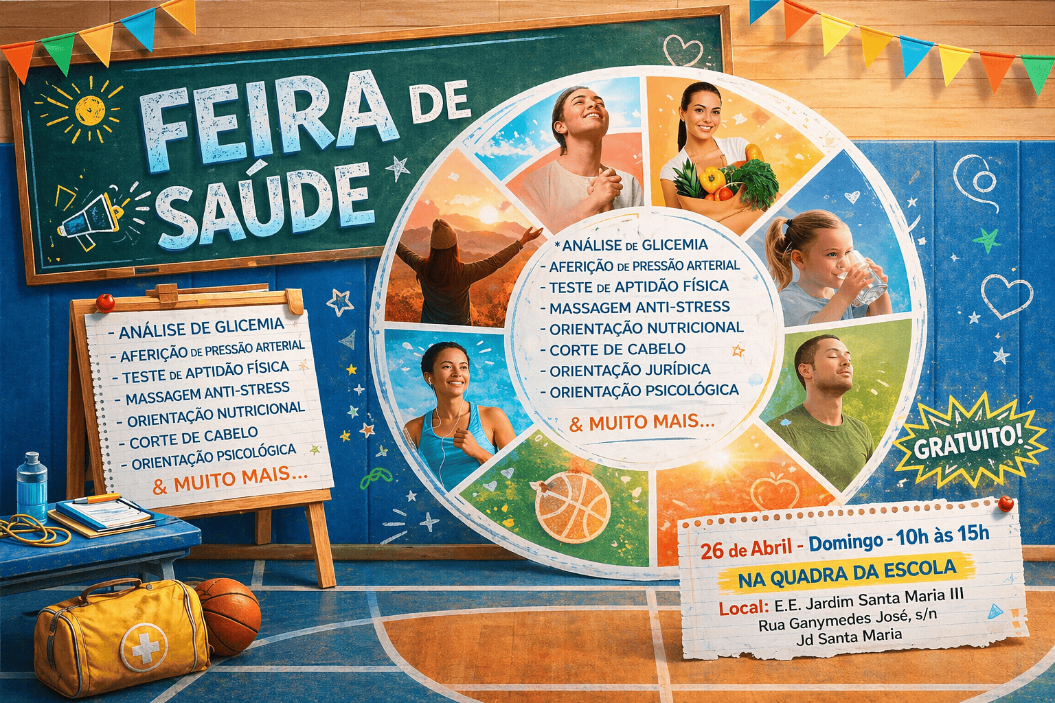 3ª Feira de Saúde leva serviços gratuitos, bazar solidário e novas atrações à comunidade do Jardim Santa Maria  Evento acontece neste domingo (26), na E.E. Jardim Santa Maria III, com atendimentos de saúde, beleza, orientação profissional e espaço kids